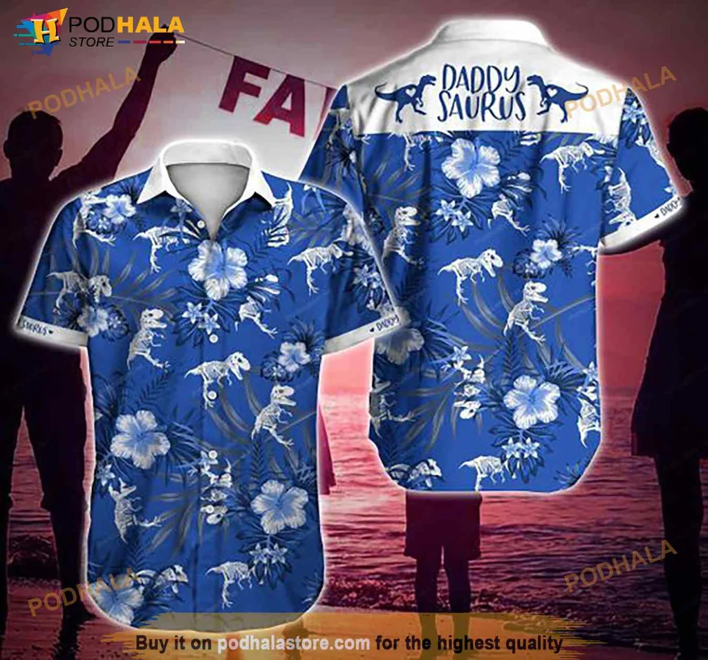Daddysaurus Dinosaur Aloha Shirt With Tropical Floral Pattern