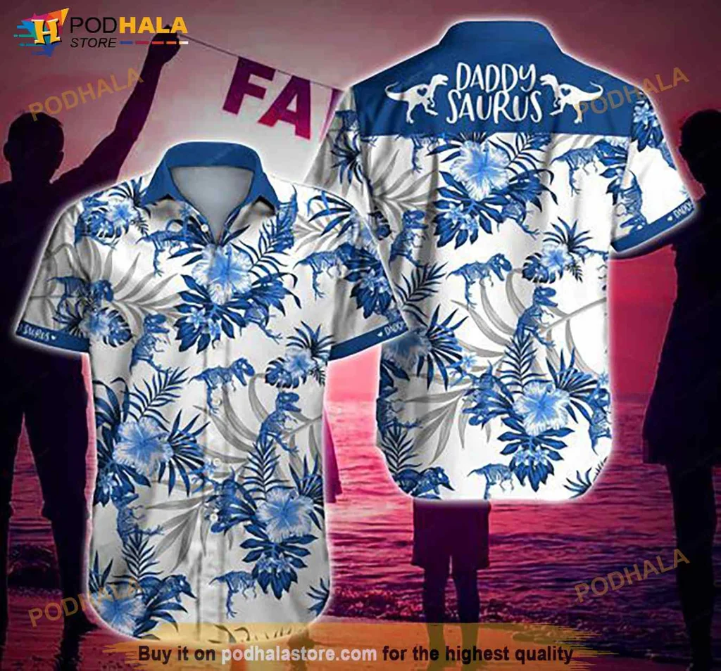 Daddysaurus Tropical Hawaiian Shirt With Blue Floral Patterns