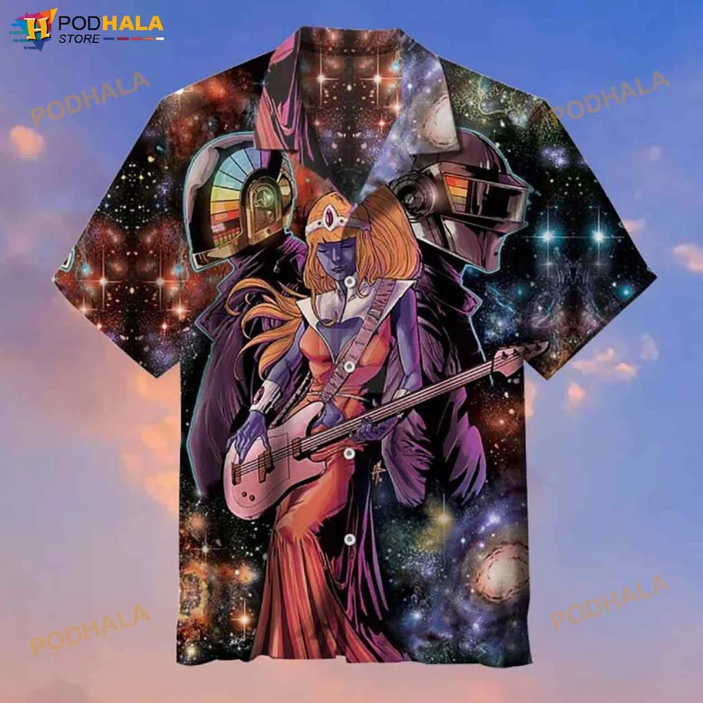 Daft Punk Cosmic Hawaiian Shirt With Electric Guitar Design