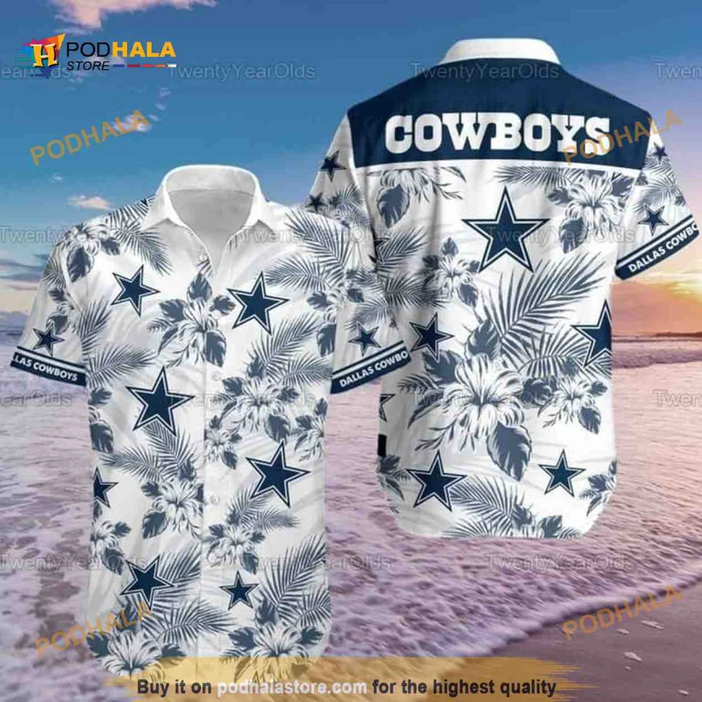 Dallas Cowboys Aloha Shirt, Tropical Flower Pattern With Navy Blue Stars