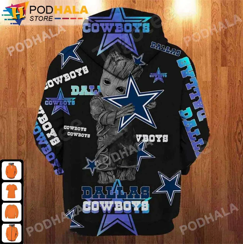 Dallas Cowboys Baby Groot All Over Print Hoodie With Football Design Dallas Cowboys Baby Groot All Over Print Hoodie With Football Design