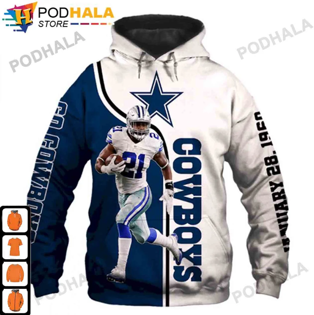 Dallas Cowboys Football 3d Hoodie With Player Graphic And Date