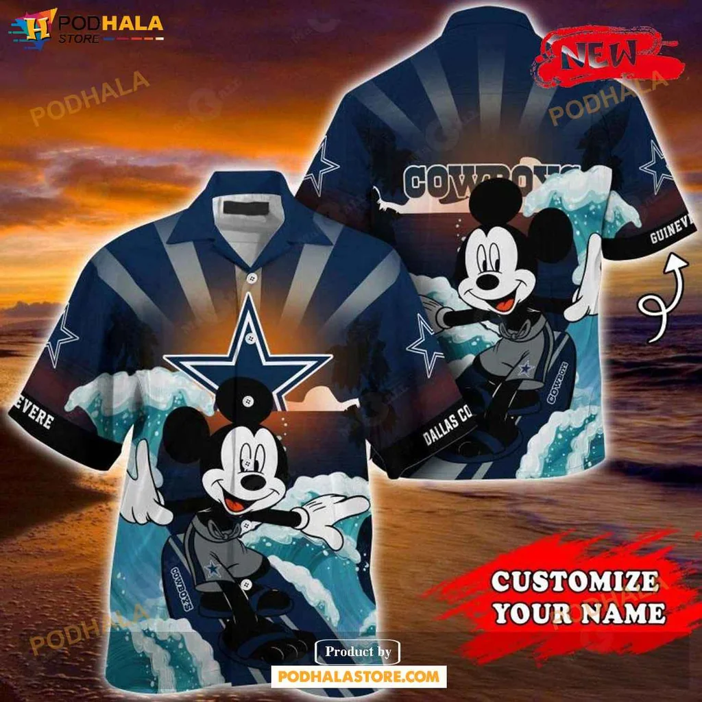 Dallas Cowboys Hawaiian Shirt Featuring Surfing Mouse Design, Vibrant Summer Style