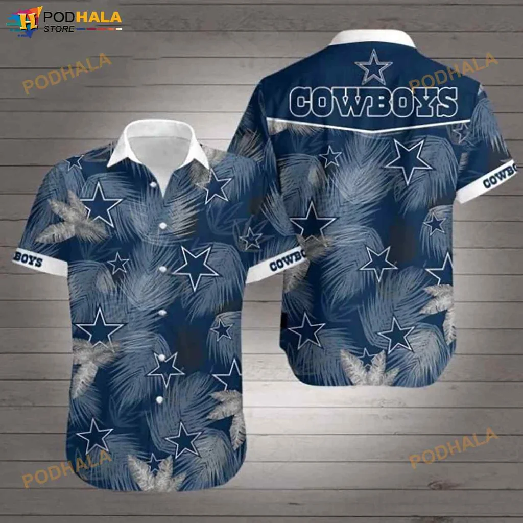 Dallas Cowboys Hawaiian Shirt With Bold White Stars And Palm Leaves
