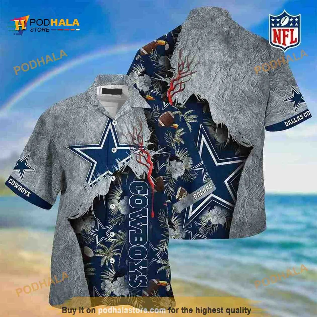 Dallas Cowboys Hawaiian Shirt With Tropical Design And Blue Star Emblem