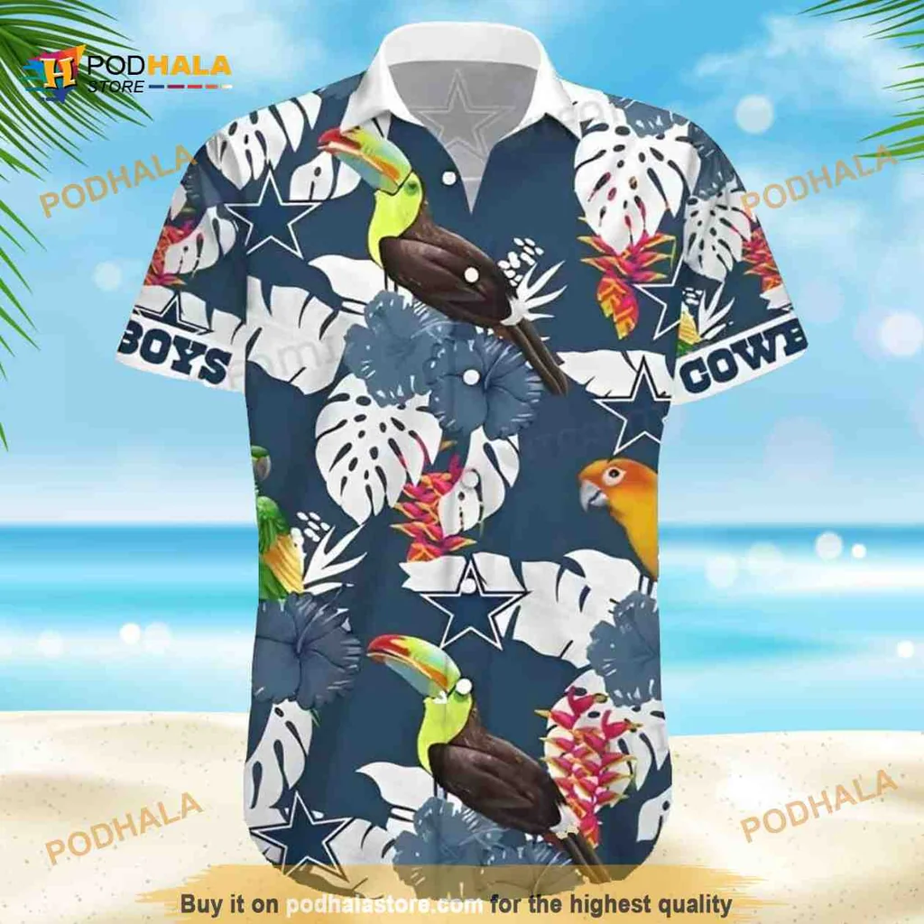 Dallas Cowboys Parrot Hawaiian Shirt, Tropical Leaf Pattern Aloha Shirt