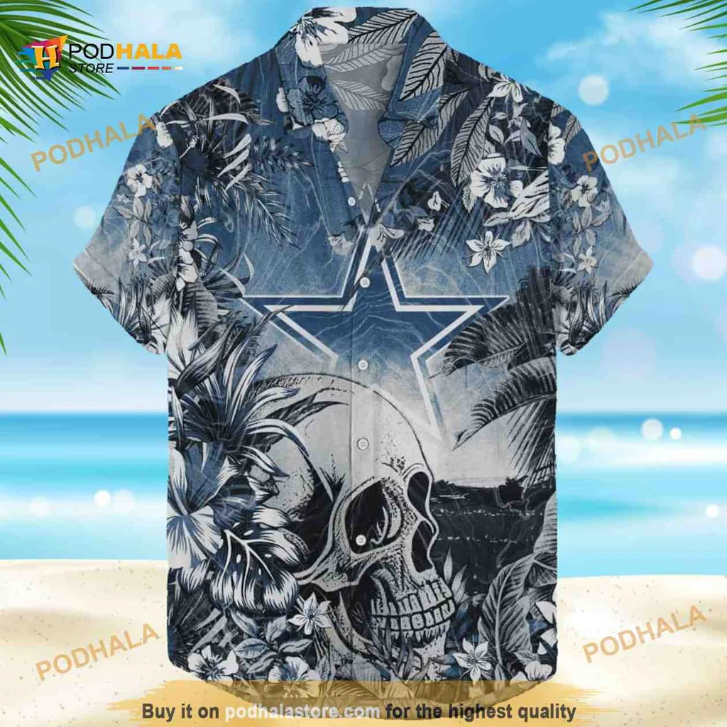 Dallas Cowboys Skull Aloha Shirt, Tropical Flower Pattern Hawaiian Shirt