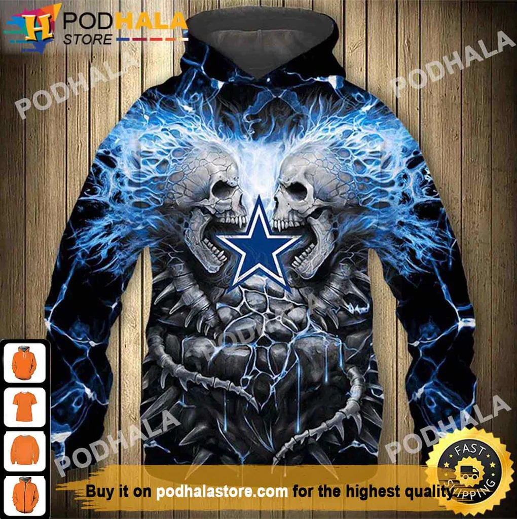 Dallas Cowboys Skulls 3d Hoodie With Electric Blue Aura Design