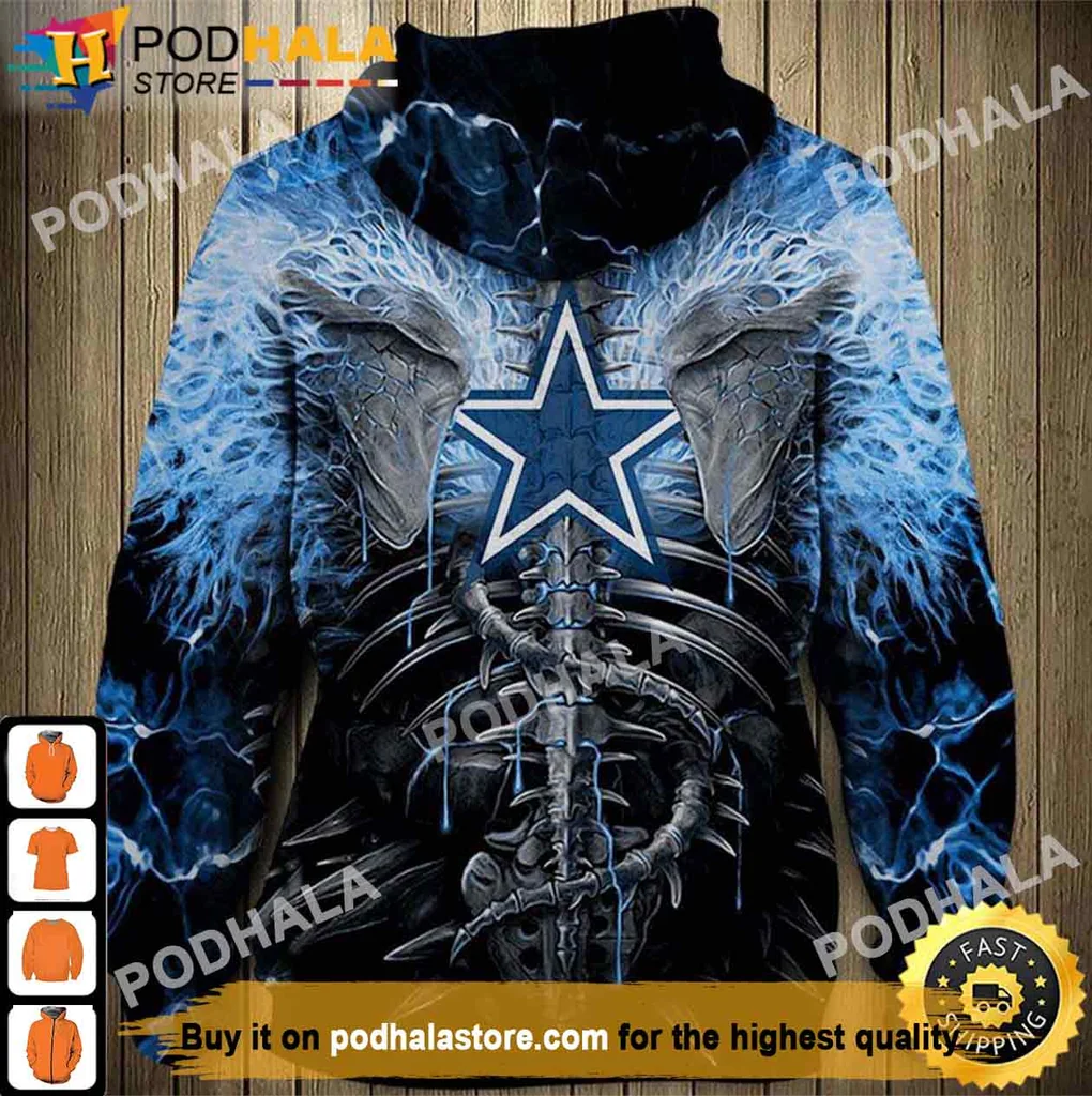 Dallas Cowboys Skulls All Over Print Hoodie With Electric Blue Aura Design Dallas Cowboys Skulls All Over Print Hoodie With Electric Blue Aura Design