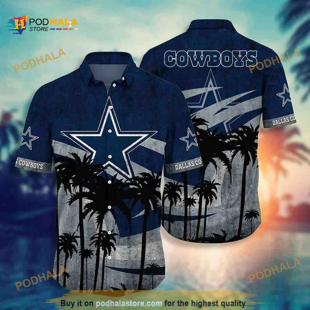Dallas Cowboys Tropical Aloha Shirt With Blue Star And Palm Trees