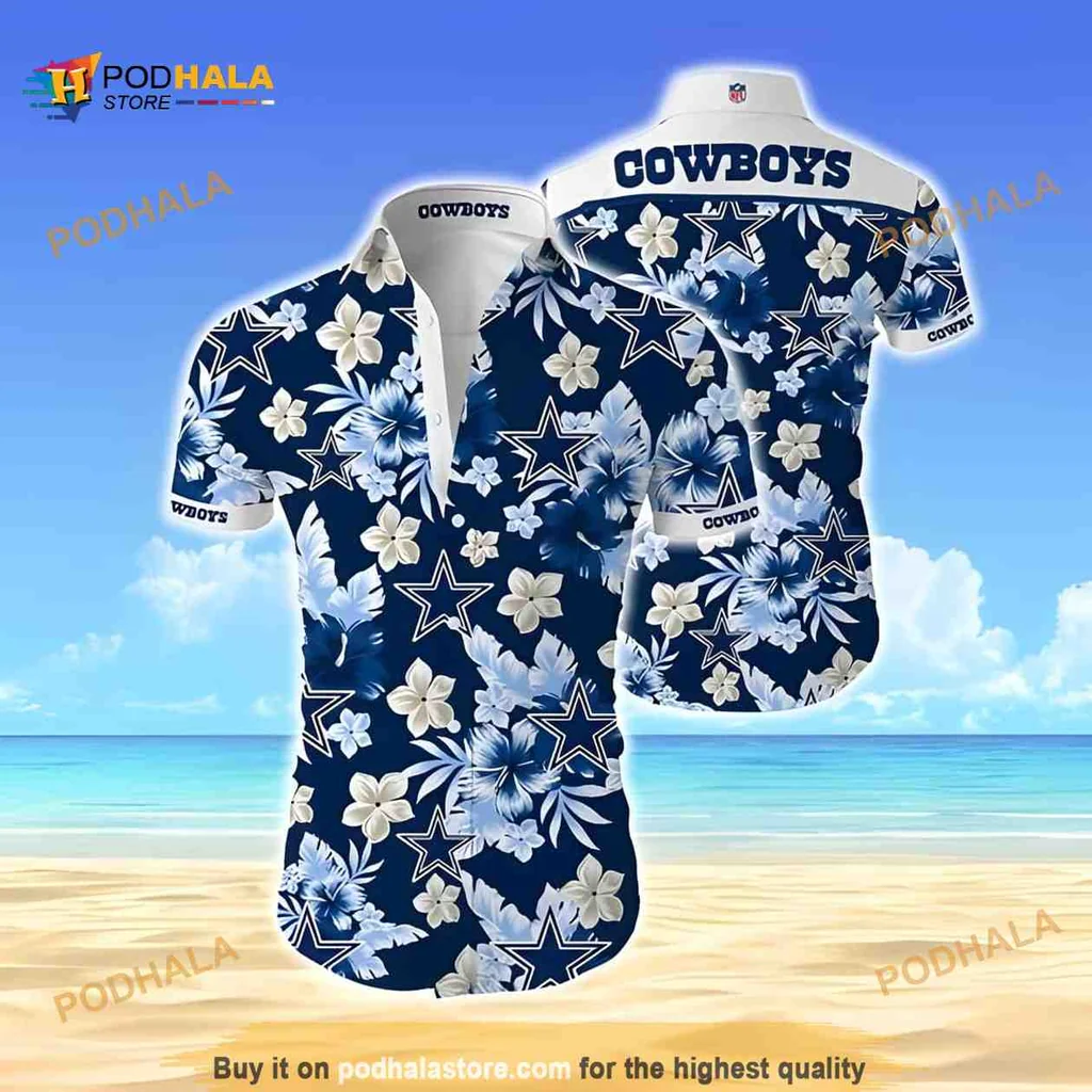 Dallas Cowboys Tropical Aloha Shirt With Hibiscus Flowers And Navy Blue Stars