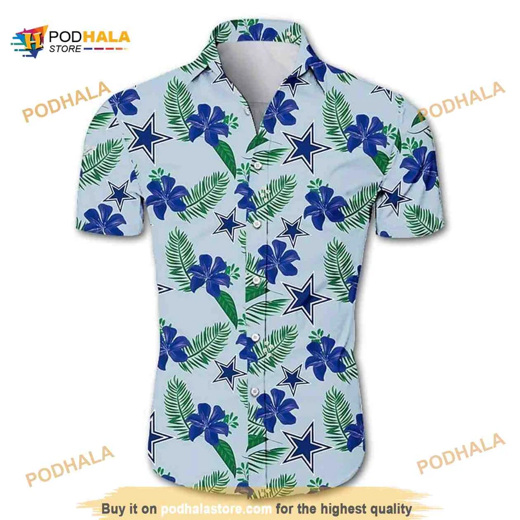 Dallas Cowboys Tropical Aloha Shirt With Hibiscus Flowers And Palm Leaves