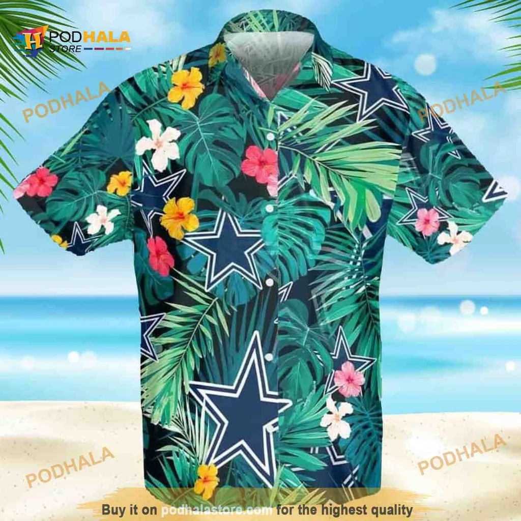 Dallas Cowboys Tropical Aloha Shirt With Palm Leaves And Hibiscus Flowers