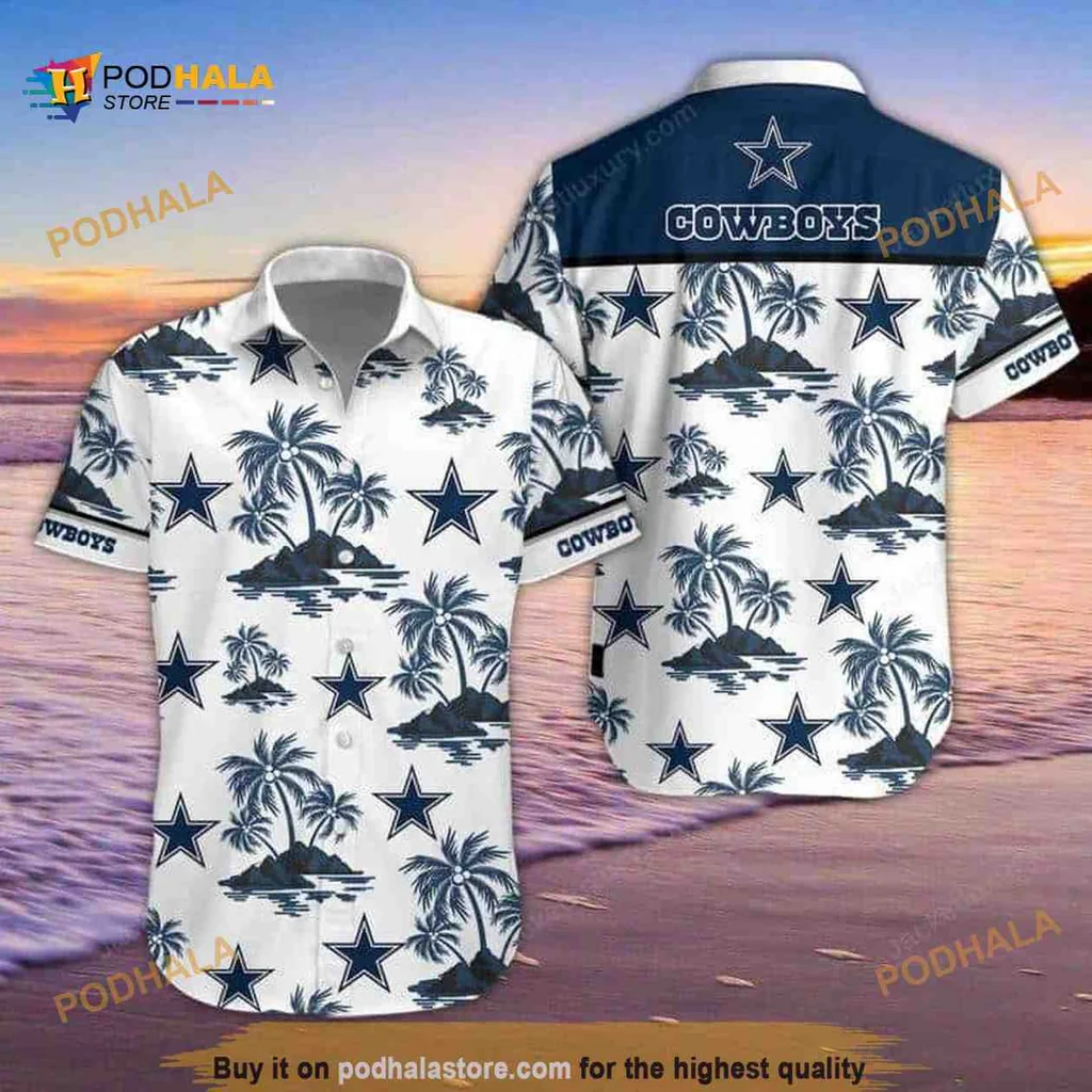 Dallas Cowboys Tropical Hawaiian Shirt With Palm Trees And Navy Blue Stars