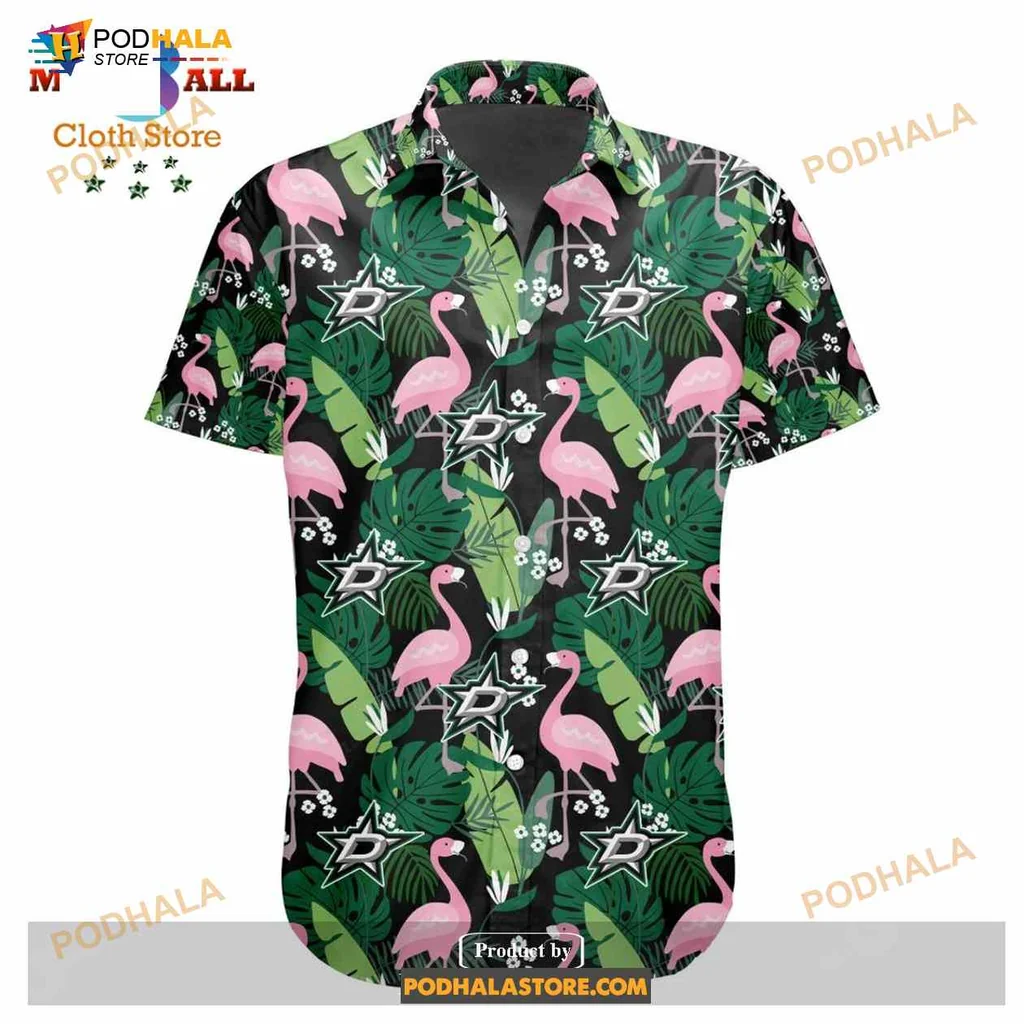 Dallas Stars Flamingo Aloha Shirt With Tropical Design Dallas Stars Flamingo Aloha Shirt With Tropical Design