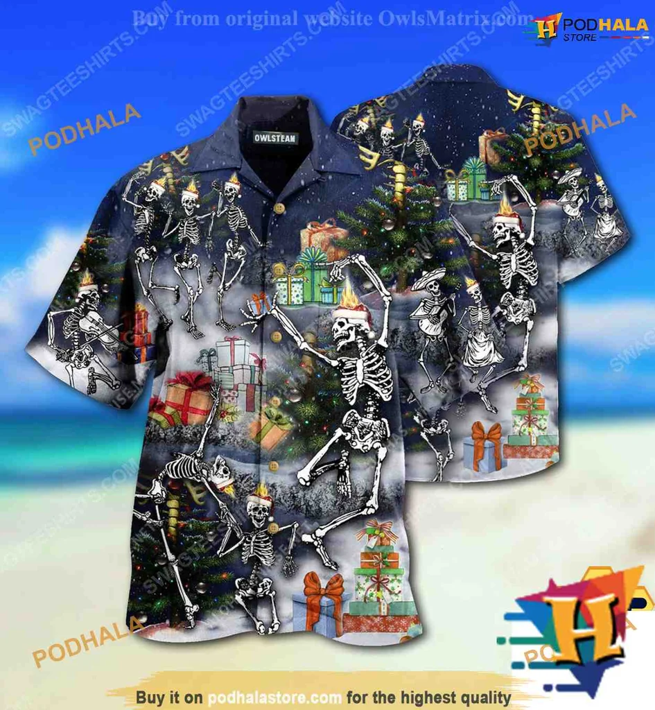 Dancing Skeleton Holiday Hawaiian Shirt With Santa Hats And Gifts