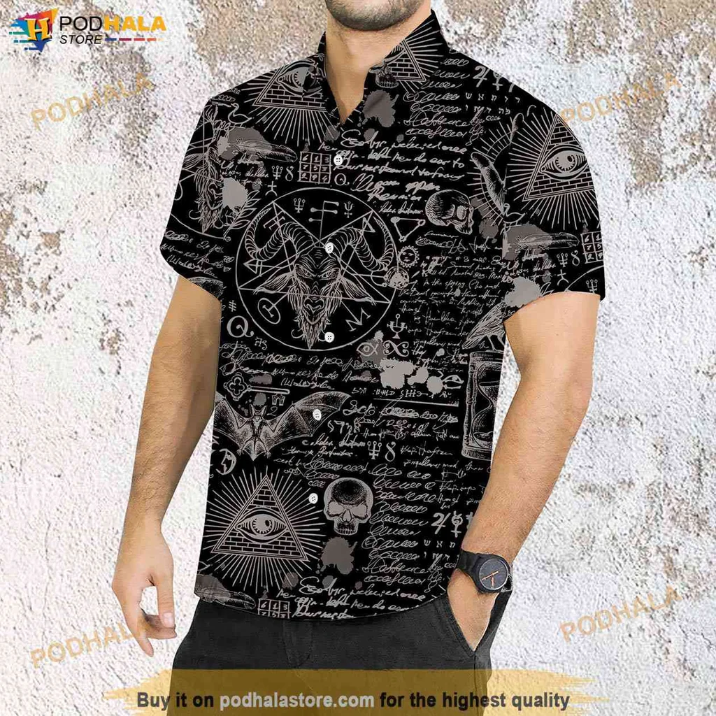 Dark Gothic Hawaiian Shirt, Occult Symbols And Skulls Design For Bold Fashion