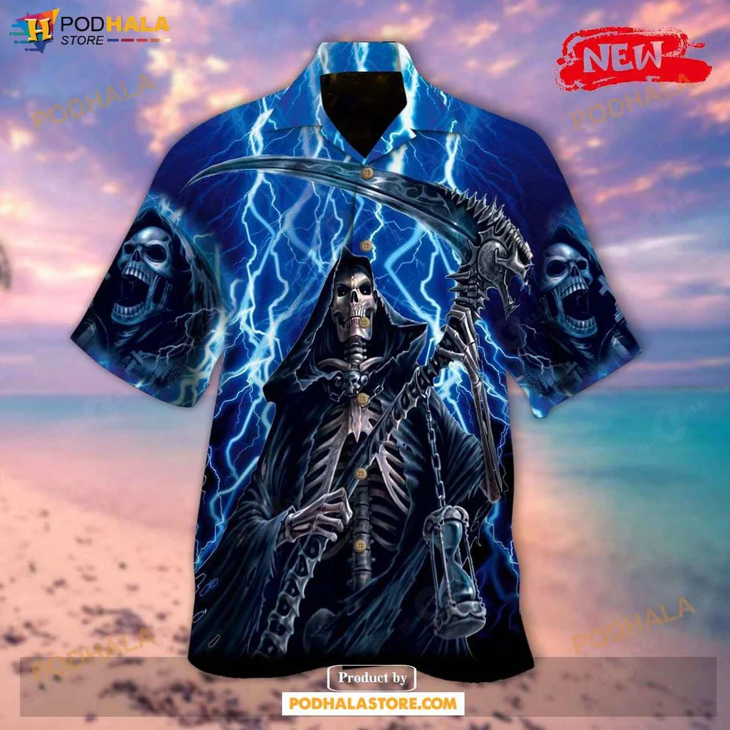 Dark Reaper Graphic Hawaiian Shirt, Edgy Summer Tee With Skulls And Lightning