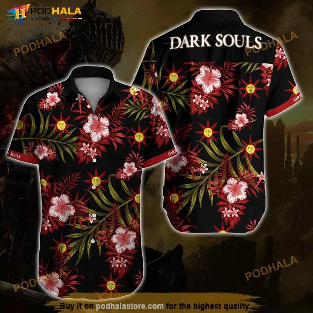 Dark Souls Floral Hawaiian Shirt With Hibiscus And Tropical Leaves