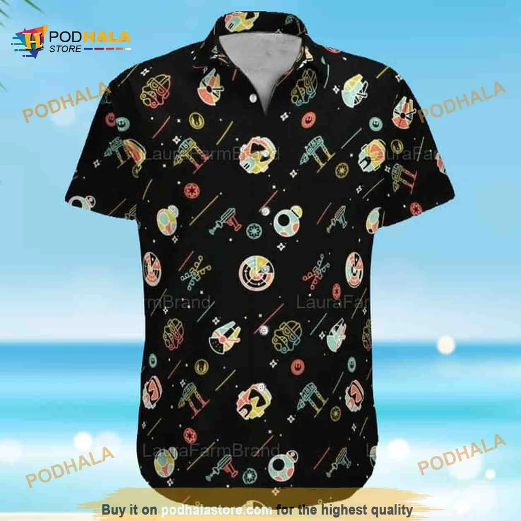 Darth Vader Aloha Shirt With Colorful Star Wars Motifs For Fans