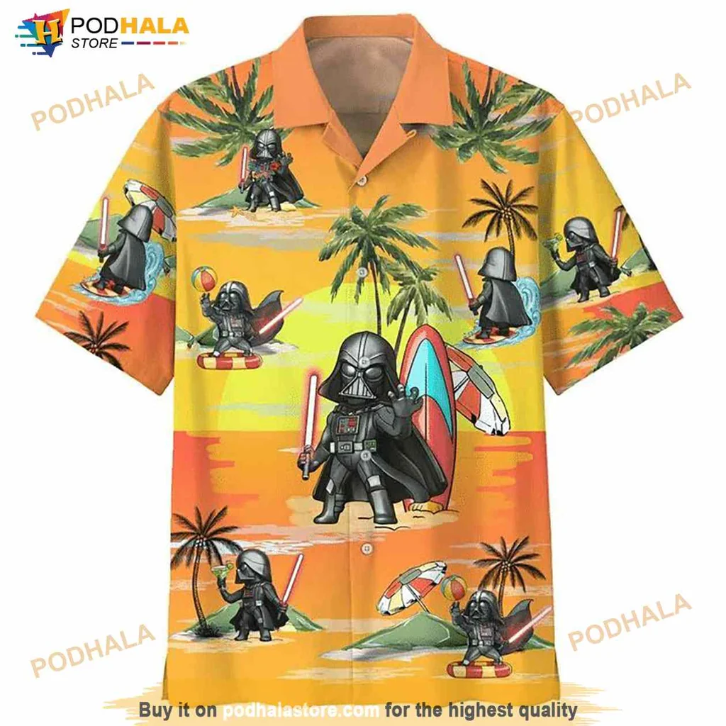 Darth Vader Hawaiian Shirt With Tropical Sunset And Surfing Design