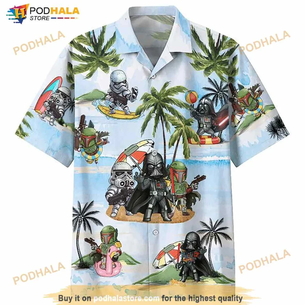 Darth Vader Summer Hawaiian Shirt With Star Wars Characters On The Beach
