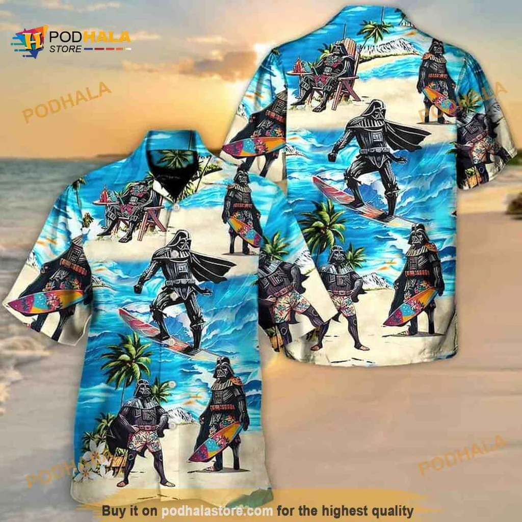 Darth Vader Surfing Hawaiian Shirt With Tropical Beach Design