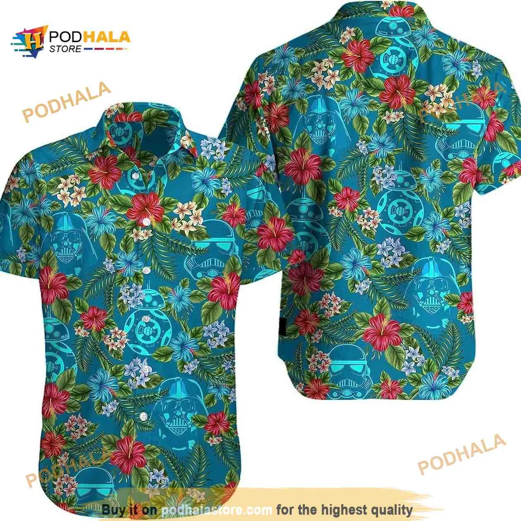 Darth Vader Tropical Shirt With Hawaiian Flowers And Teal Background