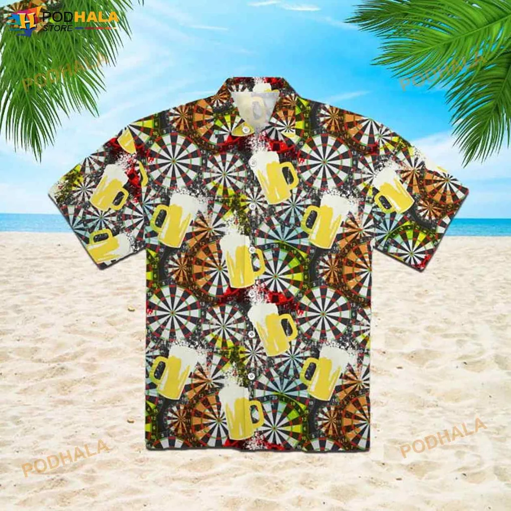 Darts Beer Funny Hawaiian Shirt With Colorful Dartboards And Mugs
