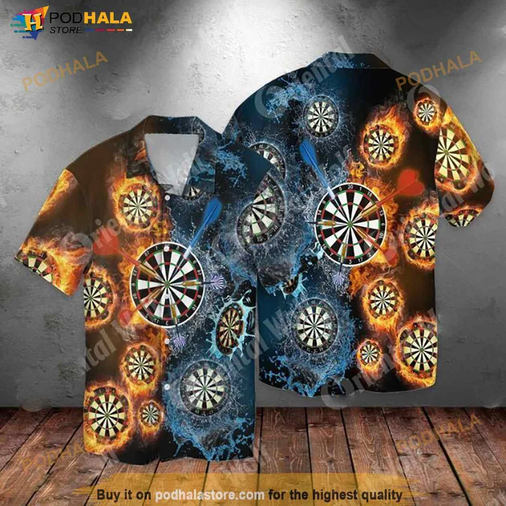Darts Themed Hawaiian Shirt With Vibrant Dartboards And Fiery Patterns