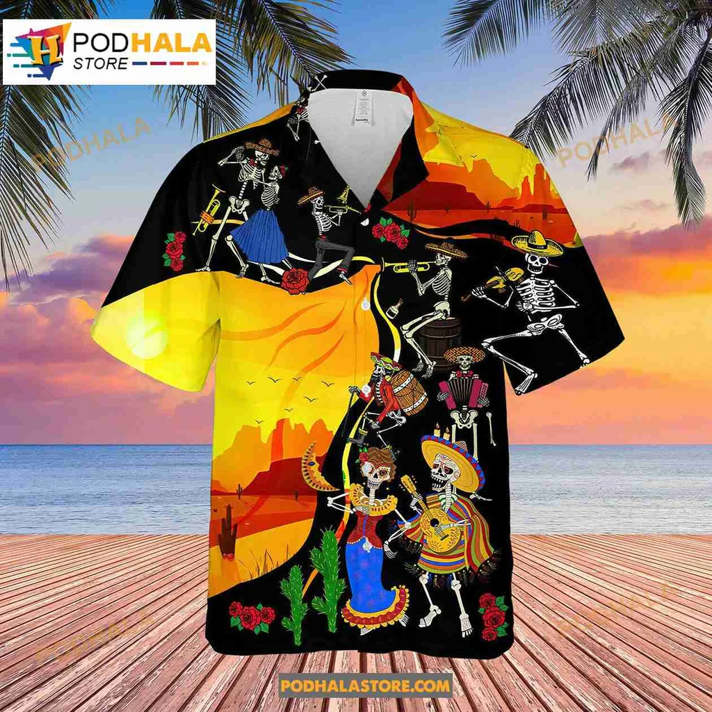 Day Of The Dead Hawaiian Shirt Featuring Colorful Skeletons And Flowers