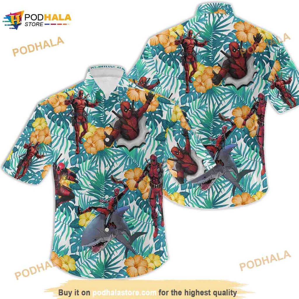 Deadpool Beach Funny Hawaiian Shirt With Tropical Shark Design