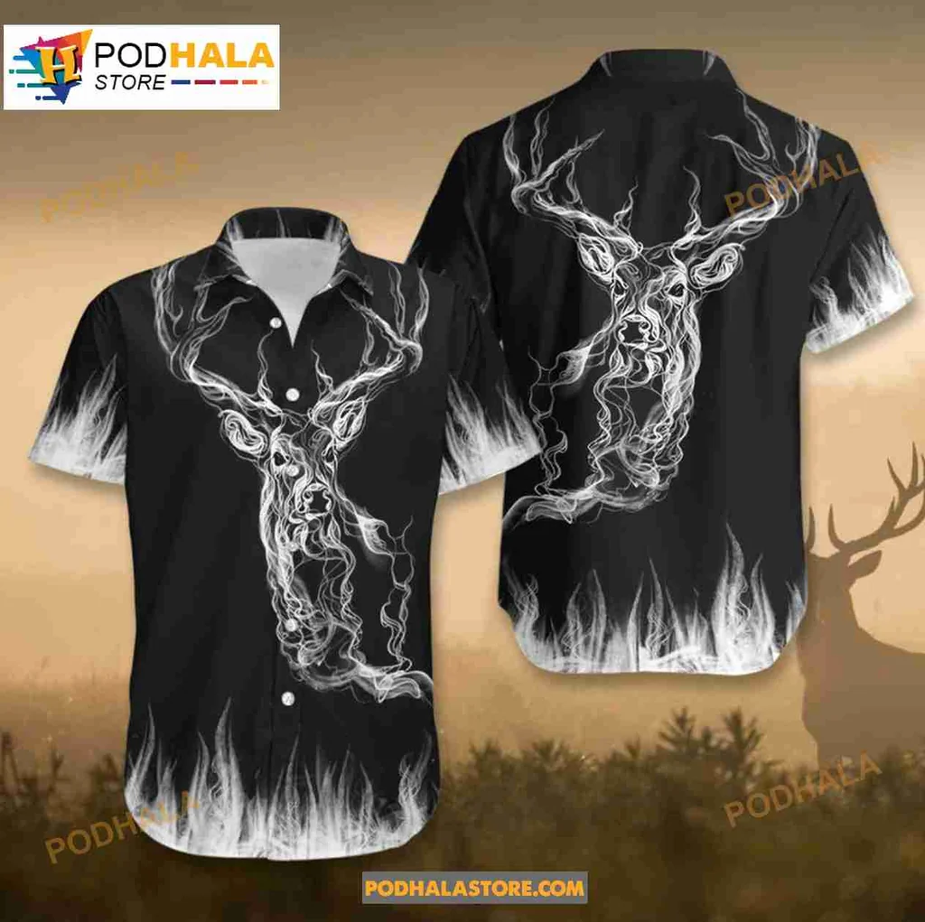 Deer Hunting Aloha Shirt With Ghostly Deer Head And Flame Patterns