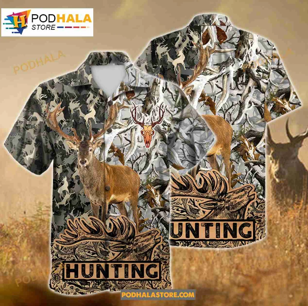 Deer Hunting Camouflage Hawaiian Shirt With Antlers And Foliage Design