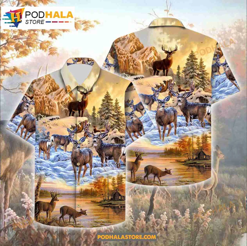 Deer Hunting Nature Hawaiian Shirt With Scenic Landscape Design