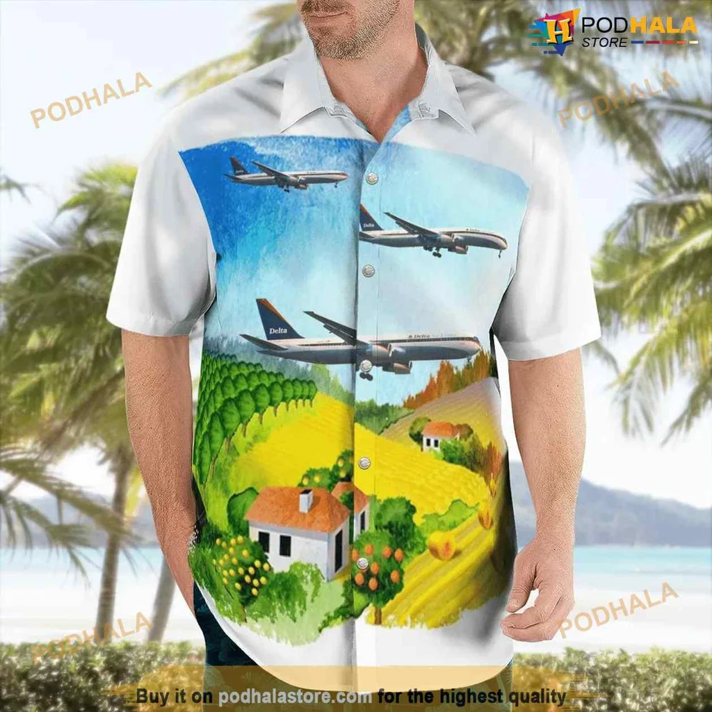 Delta Air Lines Aviation Hawaiian Shirt Featuring Boeing 767 Aircraft