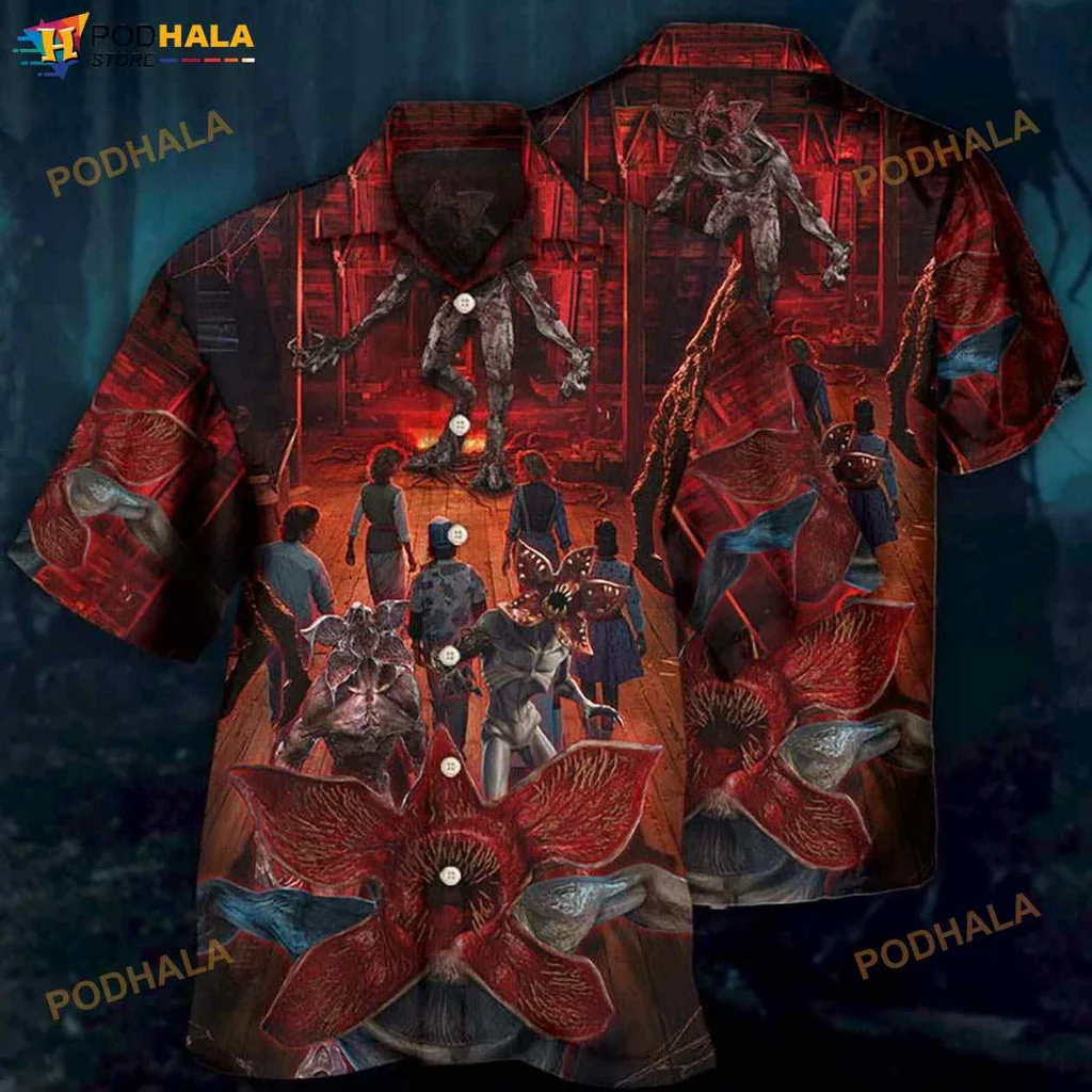 Demogorgon Hawaiian Shirt Featuring Iconic Characters From Stranger Things Demogorgon Hawaiian Shirt Featuring Iconic Characters From Stranger Things