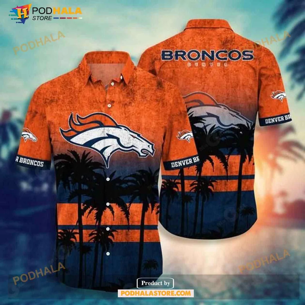 Denver Broncos Aloha Shirt With Sunset Gradient And Palm Trees