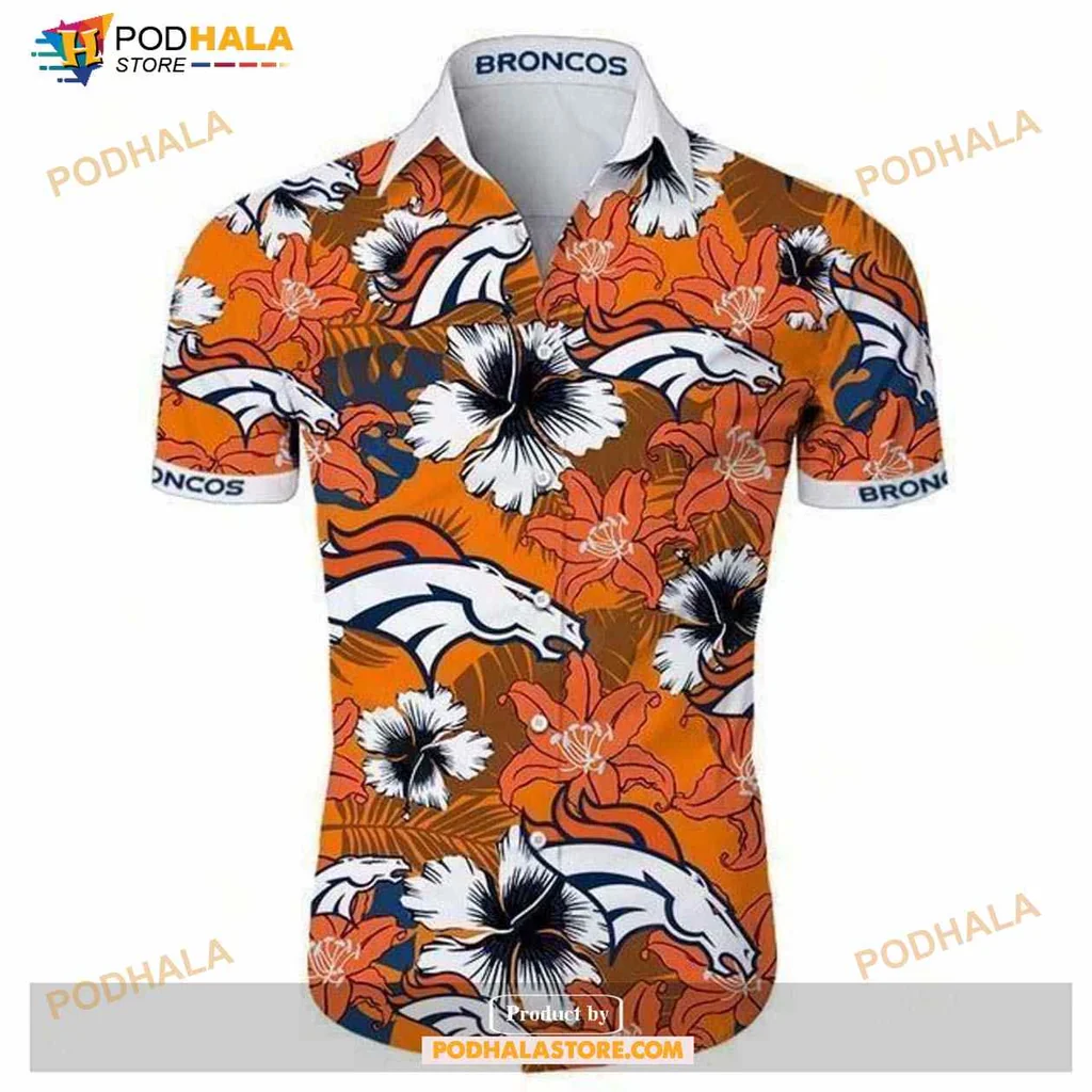 Denver Broncos Aloha Shirt With Tropical Hibiscus And Bold Team Logo