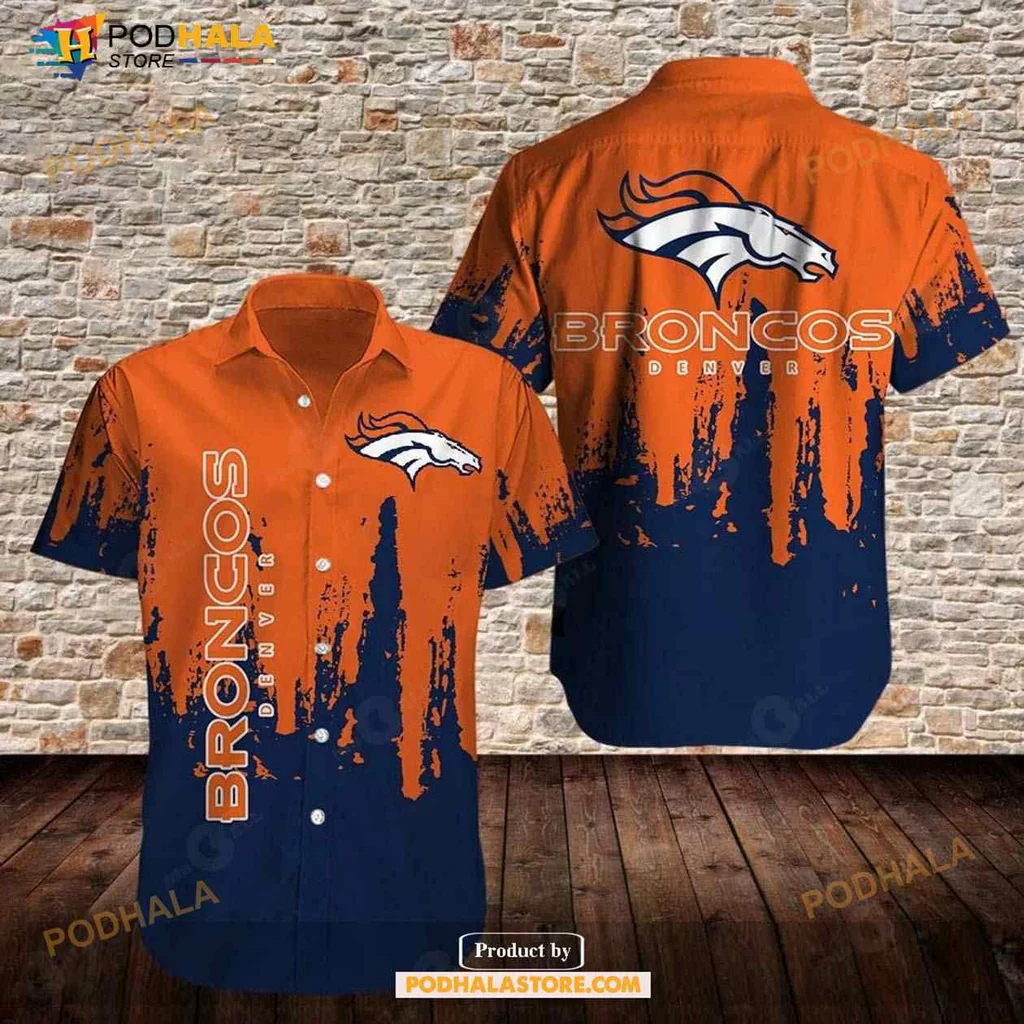 Denver Broncos Aloha Shirt With Vibrant Orange And Navy Blue Design