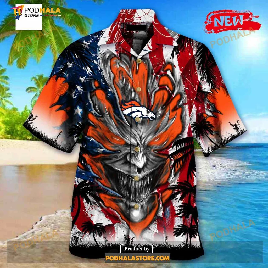 Denver Broncos Demon Face Hawaiian Shirt With Us Flag Design