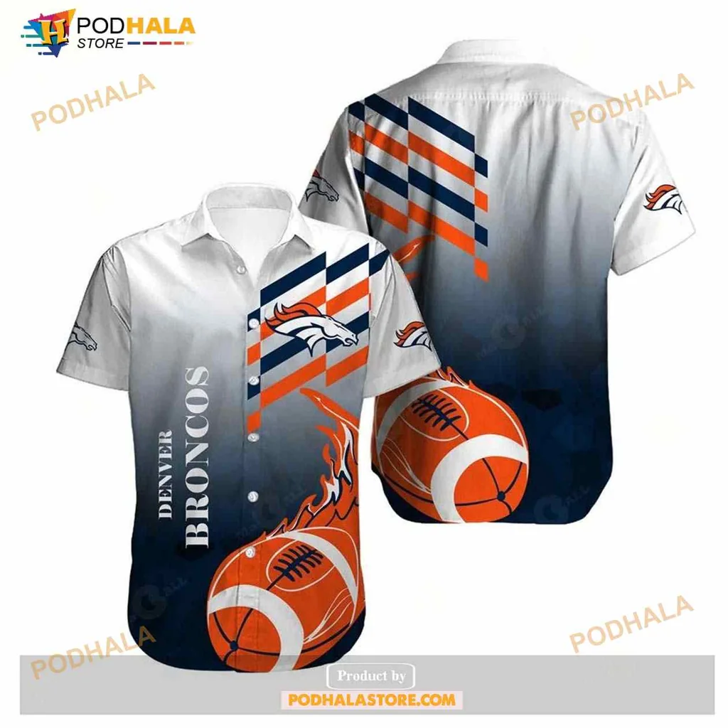 Denver Broncos Gradient Aloha Shirt With Football And Flames Design