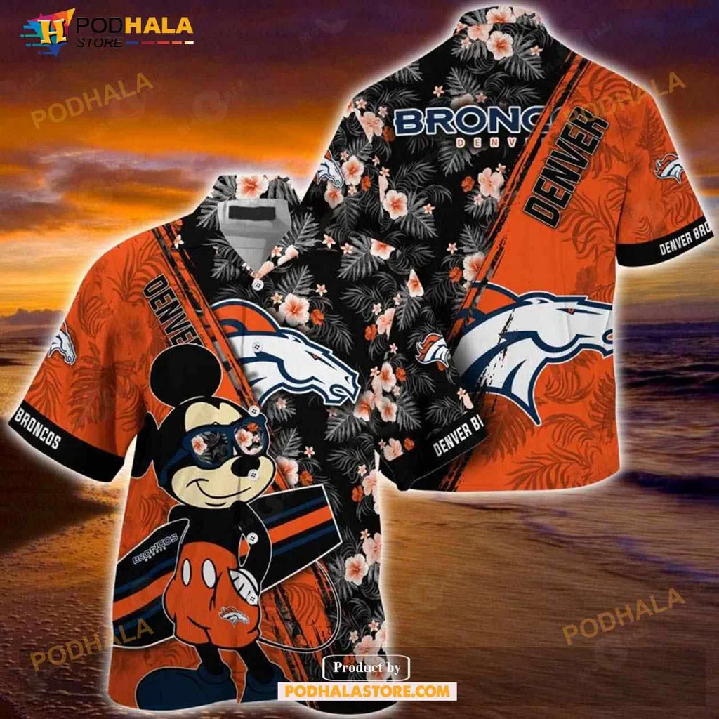 Denver Broncos Tropical Aloha Shirt With Mickey And Floral Design