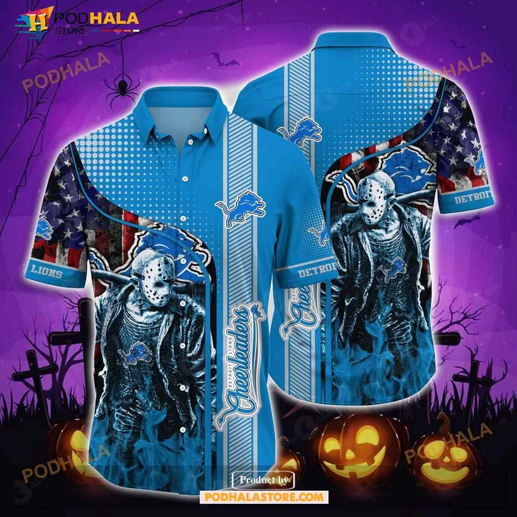 Detroit Lions Halloween Aloha Shirt Featuring Jason Voorhees Design