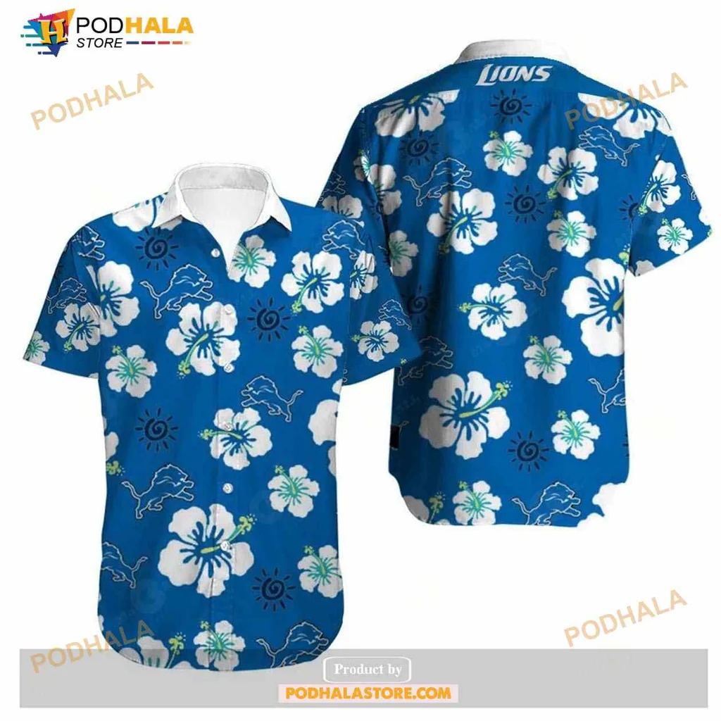 Detroit Lions Hawaiian Shirt With Hibiscus Flowers And Sun Motifs