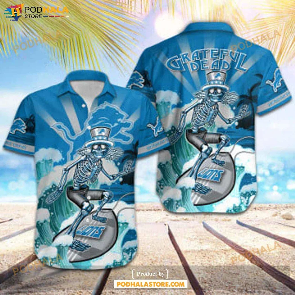 Detroit Lions Skateboarding Hawaiian Shirt, Vibrant Skeleton Graphic Design