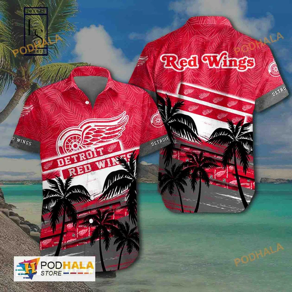 Detroit Red Wings Hawaiian Shirt With Palm Trees And Winged Wheel Logo