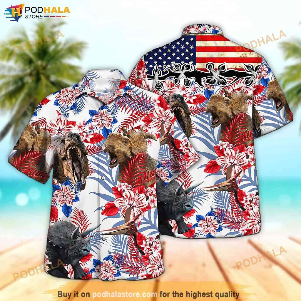 Dinosaur Aloha Shirt For Men, Vibrant T Rex And Triceratops Hawaiian Shirt