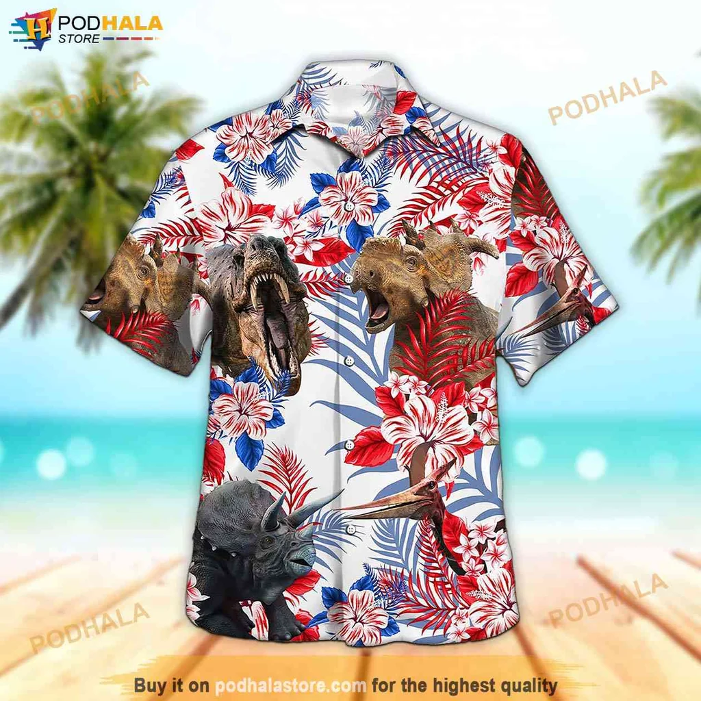 Dinosaur Short-sleeve button-up shirt For Men, Vibrant T Rex And Triceratops Hawaiian Shirt Dinosaur Short-sleeve button-up shirt For Men, Vibrant T Rex And Triceratops Hawaiian Shirt