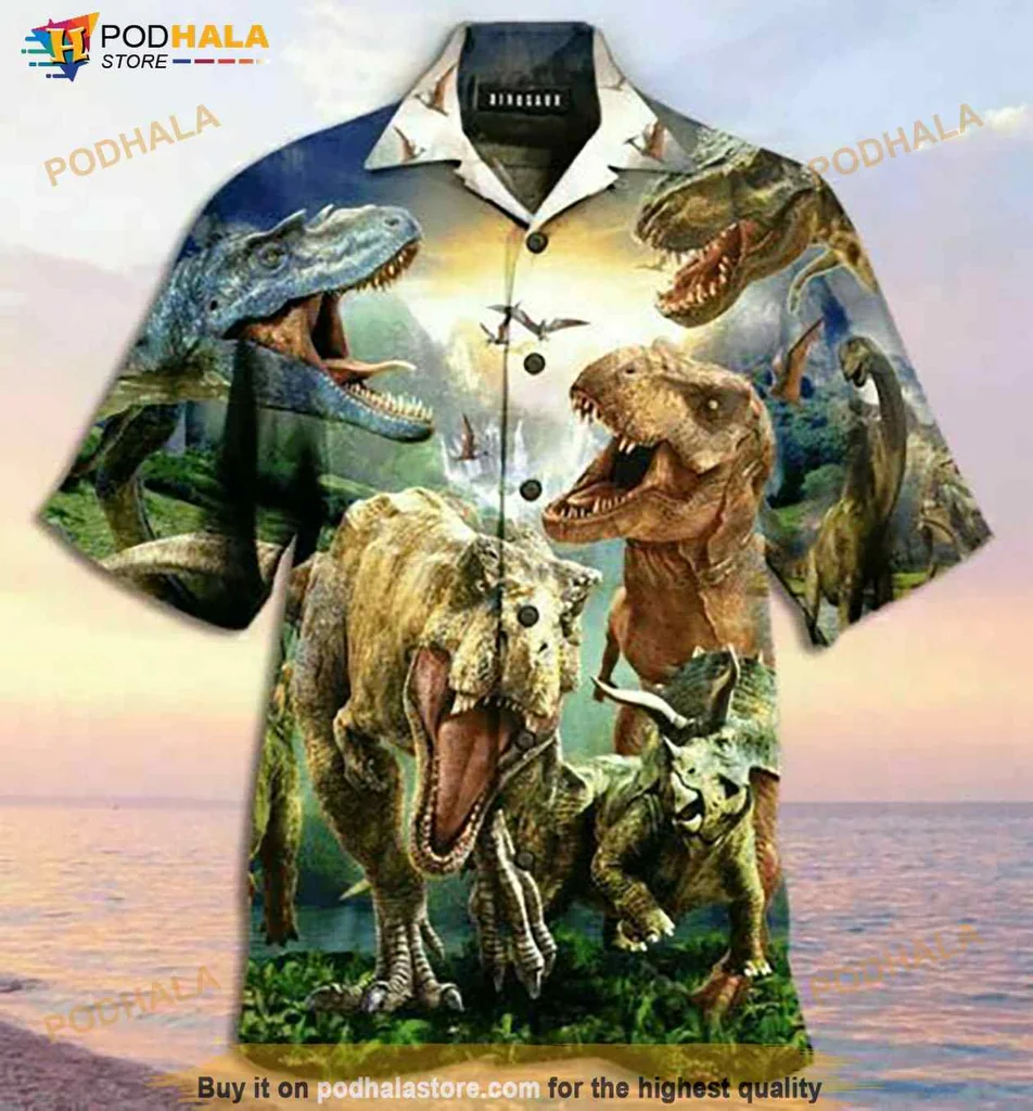 Dinosaur Hawaiian Shirt With Vibrant Prehistoric Landscape Design